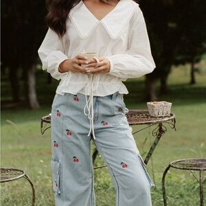 The Wholesome Store Cherry Embroidered Light Blue baggy jeans size 26 women’s